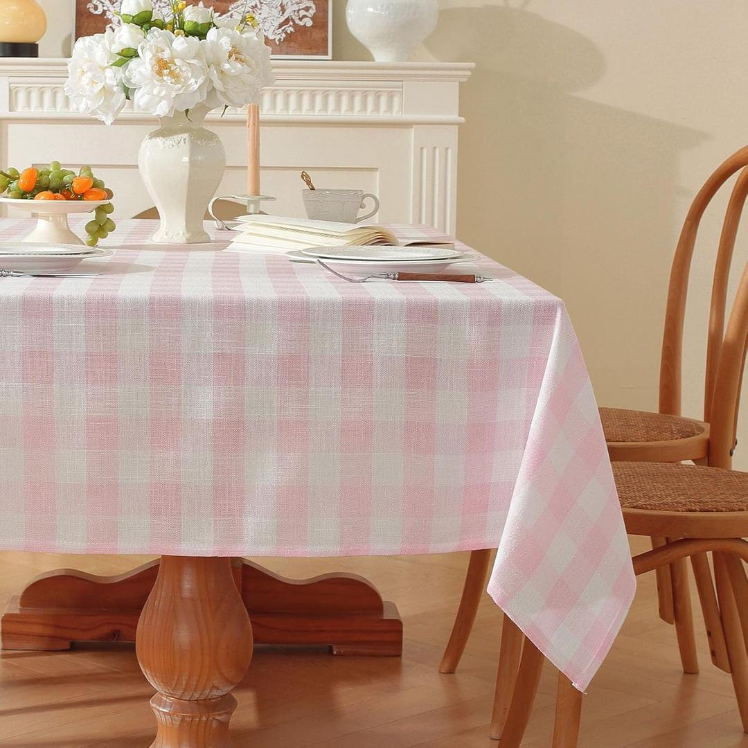 Gingham Tablecloth Rectangle Checkered Table Cloth Cotton Linen Fabric Wrinkle Free Washable Buffalo Plaid Table Cover for Kitchen Dining Picnic Camping, Pink and White,55 * 55 inch (55" x 55" (Square))