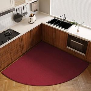 Non-Slip Corner Kitchen Rug - Super Absorbent Braided Floor Mat for Sink Areas, Washable Circular Sector Mat with Rubber Backing, Imitation Linen Kitchen Carpet (Burgundy, Radius 28'')