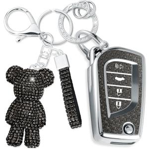 Cute Key Fob Cover with Rhinestone Bear Charm, Bling TPU Smart Key Case for Women, Compatible with Toyota 4Runner,Avalon,Camry Corolla Fortuner Highlander RAV4 LE (4-Button, Silver Black)