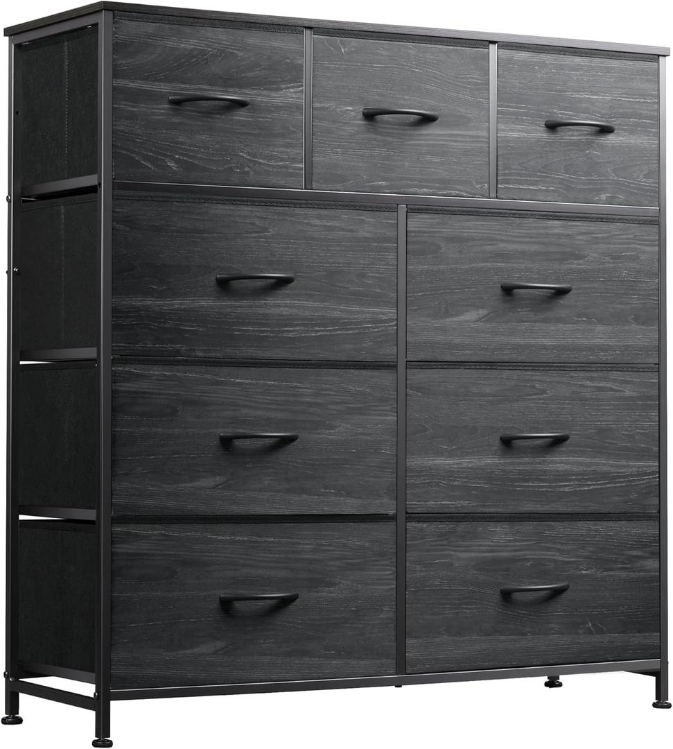 WLIVE 9-Drawer Dresser, Fabric Storage Tower for Bedroom, Entryway, Closet, Tall Chest Organizer Unit with Fabric Bins, Steel Frame, Wood Top, Easy Pull Handle, Charcoal Black Wood Grain Print