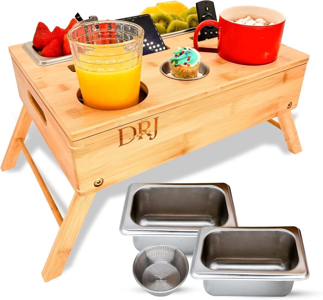 Couch Console - Caddy with Cup Holder and Food Trays for Eating on Couch