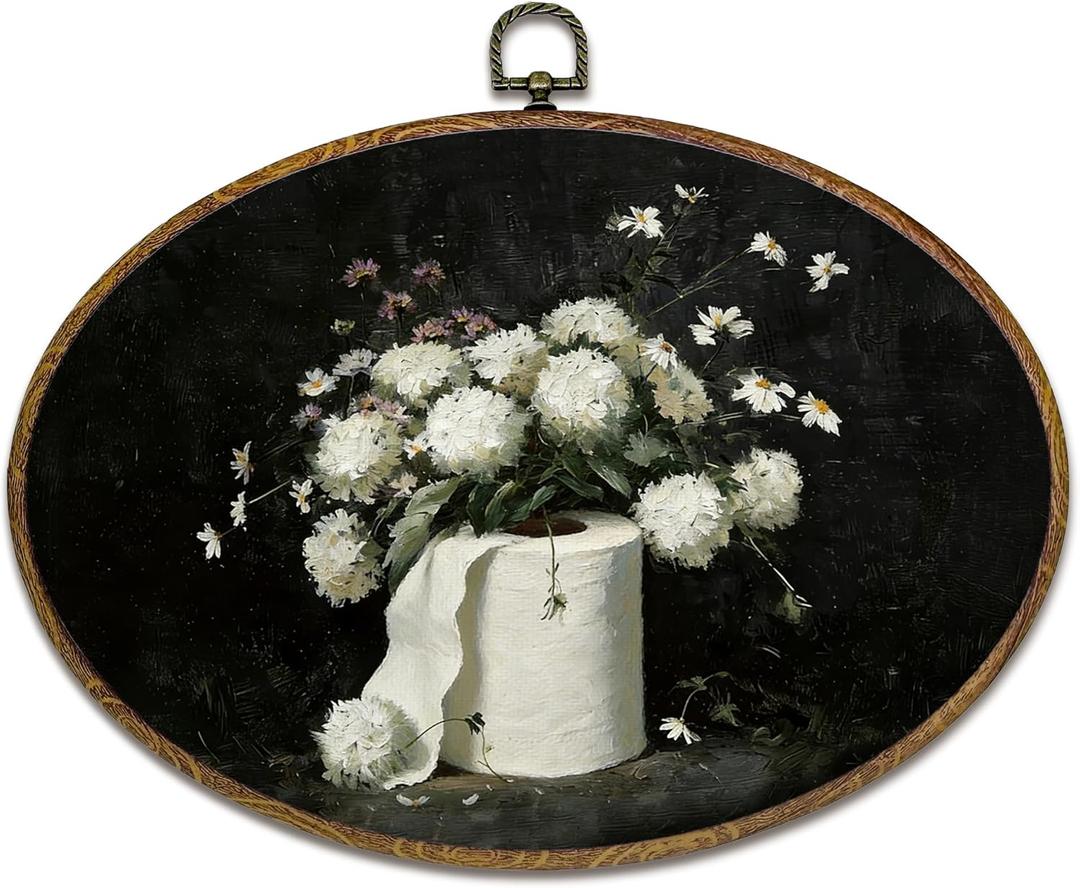 kdqua Dark Floral Bathroom Oval Wall Art Decor, White Flower Toilet Paper Canvas Artwork Framed, Moody Cottagecore Bathroom Wall Hanging Decorations for Washroom Restroom Spa, 11.4x8.6 Inch
