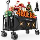 300L Large Collapsible Wagons Carts with Big All-Terrain Beach Wheels, Foldable Shopping Wagon Cart, Heavy Duty 480lbs Load, Folding Utility Cart for Groceries Garden Sport (Black)