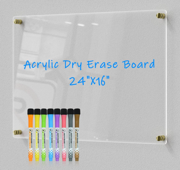 Clear Acrylic Dry-Erase Board 24x16 | Transparent Wall-Mount Writing Panel | Includes 8 Color Markers, Eraser, Standoff Screws & Install Kit | Ideal for Home & Office