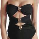 SherryDC Women's Cutout One Piece Swimsuit Bandeau Ruched Color Block High Waisted Bathing Suit with Removable Straps (X-Large, 127-black)