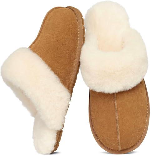 KIDMI 100% Genuine Leather Slippers for Women Fuzzy Winter Scuff House Shoes Cozy Warm Slip on Bedroom Slippers Indoor Outdoor,Chestnut 39 (size 8-8.5)