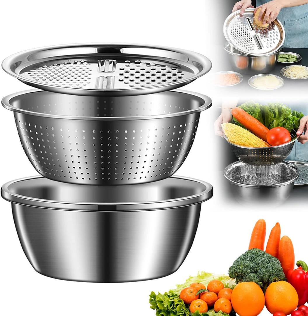 Germany Multifunctional Stainless Steel Basin, 3 in 1 Multifunctional Stainless Steel Basin Strainer Set, Kitchen Grater Set, Strainer and Drain Basket for Vegetables 10.24inch