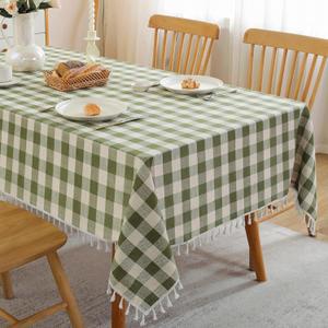 JIALE Checkered Table Cloth Square Cotton Linen Fabric Gingham Tablecloth with Tassel Washable Wrinkle Free Buffalo Plaid Table Cover for Spring Picnic Kitchen Dining, Green, 55X55''
