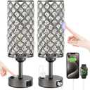 Hong-in Gray Crystal Lamp Touch Control Set of 2, Crystal Table Lamps with USB C+A Ports & AC Outlet, 3-Way Dimmable Nightstand Touch Lamp, Modern Bedside Table Lamp for Bedroom(Bulbs Included)