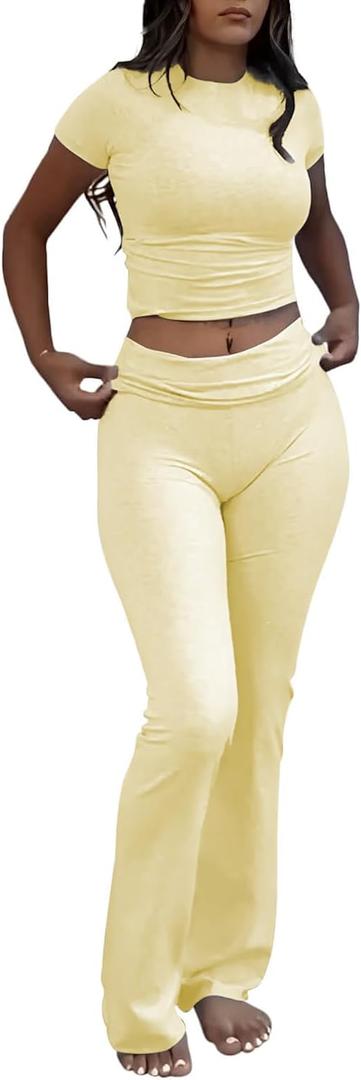 Women's 2 Piece Lounge Outfits Slim Short Sleeve Tops Low Rise Flare Leggings Sets Yoga Sweatsuit (Morning Gold), Small