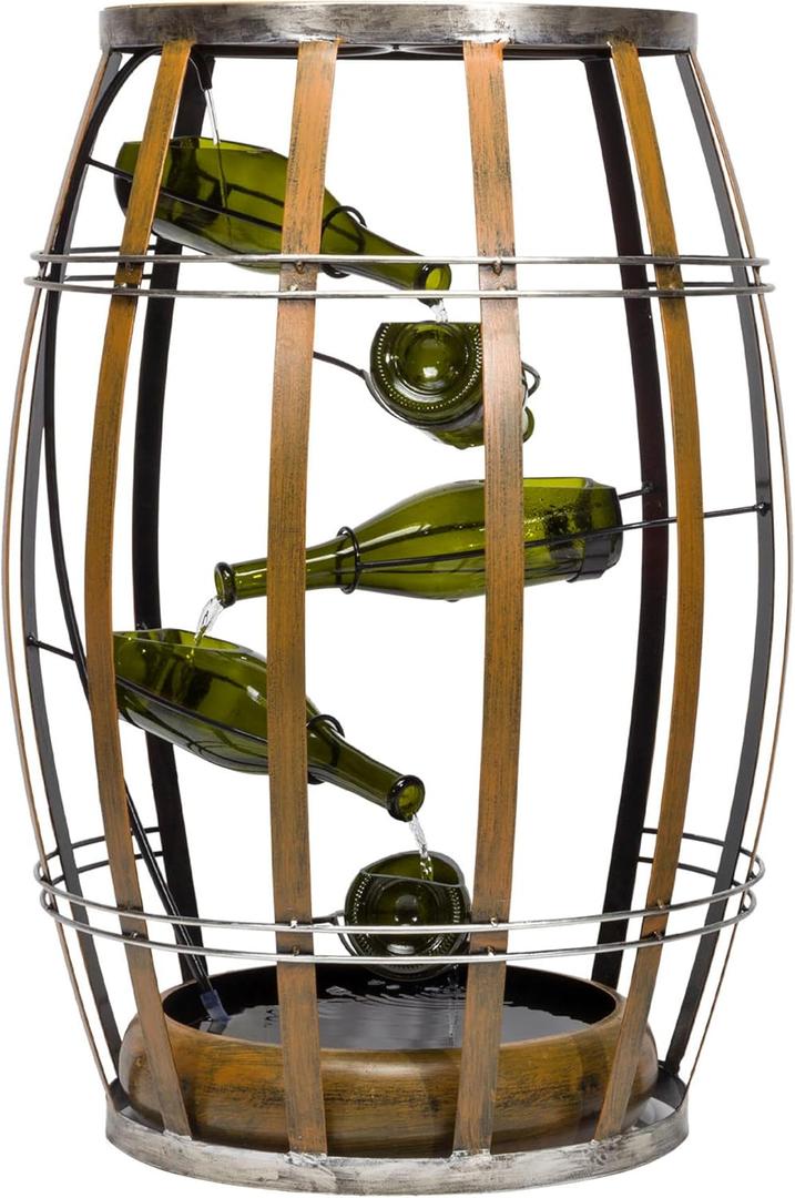 Alpine Corporation IPS246 31" Rustic Wine Barrel Metal Tiered Fountain with LED Lights, Indoor Cascading Water Feature for Home, Wine Bar & Living Room Dcor, Brown