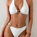 SOLY HUX Women's Halter Bikini Set V Neck Ring Linked Bathing Suit Summer Beach Two Piece Swimsuit (White, L)