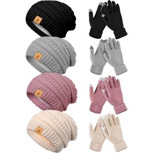 JaGely 8 Pieces Women Winter Hats and Gloves Set Women Warm Touchscreen Knitted Lined Gloves Winter Beanies (Black, Gray, Pink, Beige)