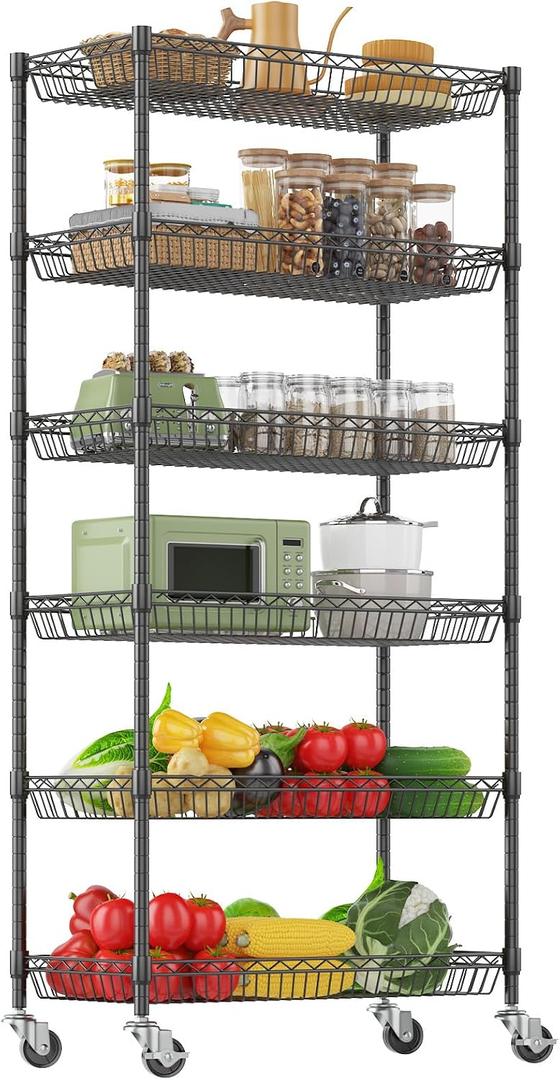 Himimi 6 Tier Rolling Storage Cart, Metal Wire Basket Rack with Wheels, Adjustable Storage Shelves Organizer Shelf for Kitchen Pantry Garage Laundry Room Bathroom, 30" W X 13.5" D X 63" H, Black