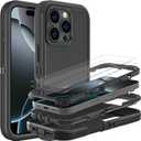 for iPhone 16 Pro Case, Military Grade 3 in 1 Heavy Duty Shockproof/Drop Proof/Dust Proof Case with 2Pcs Tempered Glass Screen Protector (Black/Black)