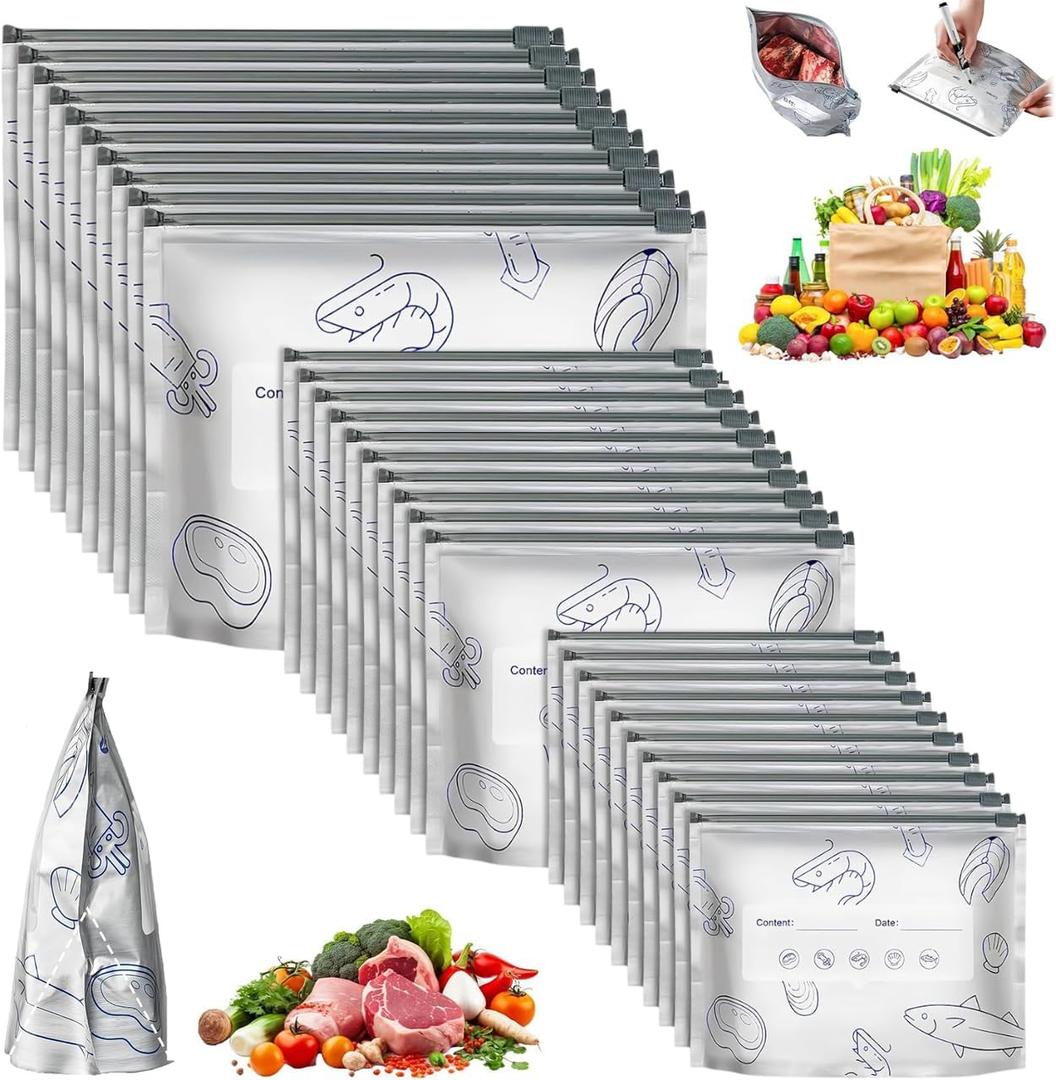 Reusable Aluminum Foil Sealable Storage Bags, Stand Up Foil Sealable Bags with Label and Zip Lock, Food Storage Preservation Bags with a Stand-up Bottom Design for Vegetable Fruit Meat (20PCS,Large)