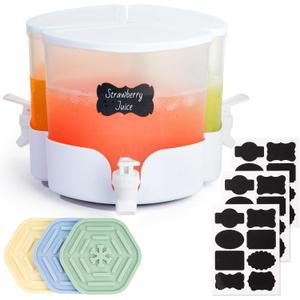 Rotatable 360 4.2L Beverage Dispenser for Fridge, 3 Grids Plastic Drink Dispenser with 3 Spigots, 3 Coasters and 24 Labels, for Lemonade, Tea, Milk