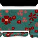 Large Mouse Pad with Wrist Support 4 in1 Set, XXL Big Game Mousepad + Keyboard Wrist Rest+Mouse Wrist Rest+Coaster Ergonomic Design Gaming Mat for Home Office Table Computer I Green Flowers