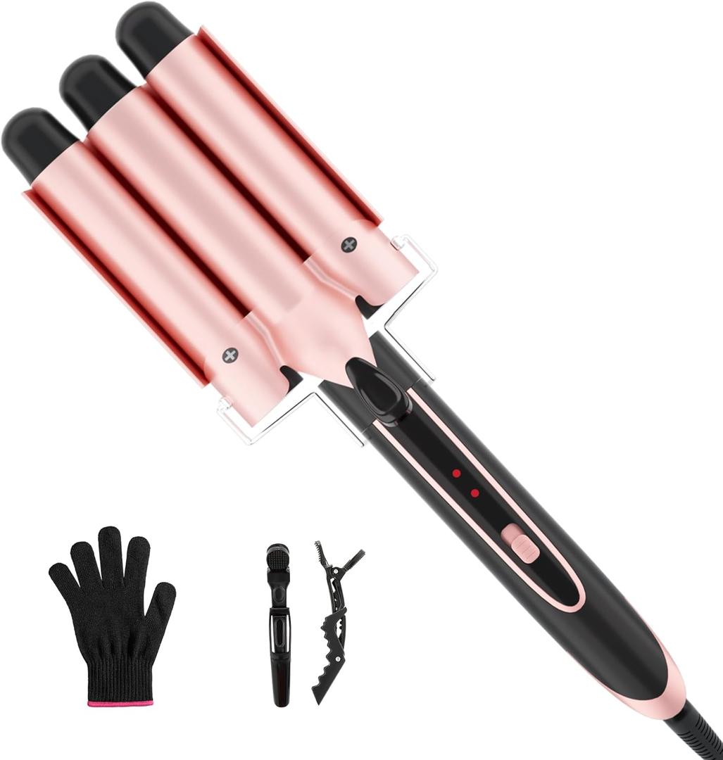 3 Curling Iron, Waver, Women's Beach Wave Styling Tool, with 2 Temperature Settings, Rose Gold, 1-inch Barrel Diameter