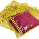10 piece transparent single Saree/Suit Packing Sari Cover/Bag Organizer with zip for Wardrobe Storage and wedding gifting,dress covers (Golden, Pack of 10)