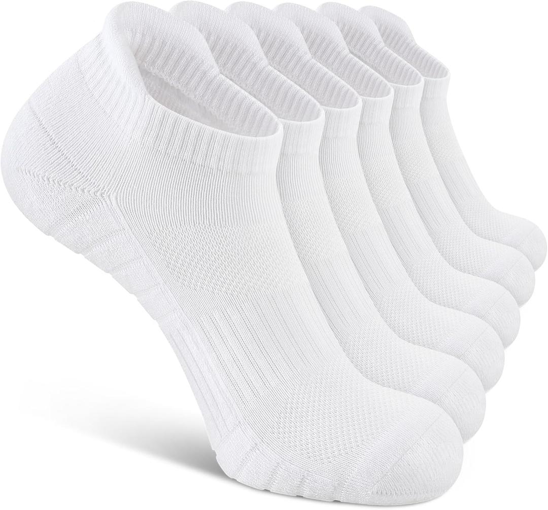 Uporee Low Cut Athletic Ankle Socks - Cushioned, Soft & Breathable, Anti-Blister Tab, 6 Pairs Men & Women (Large, White)