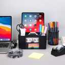 Black Desk Organizers and Accessories 12+1Pcs, Office Supplies for Desk, Pen Organizer with 2 Drawers with Stapler,1000 Staples, Phone Holder, Tape Dispenser, Pen Holder, Sticky Note, Clips, Ruler,Etc