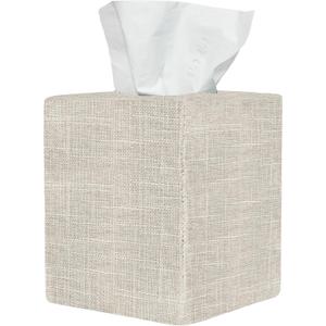 Tissue Box Cover, Cute Beige Linen Fabric Decorative Square Tissue Box Holder/Organizer for Bathroom Vanity Countertop/Office/Nightstand/Desk
