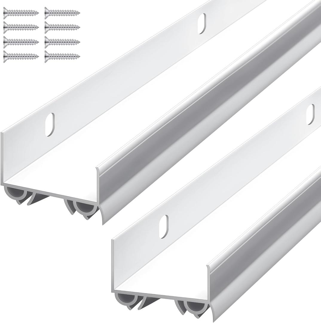2 Sets Door Sweep Plastic PVC 1 3/4" x 36" Slide on Bottom Exterior Door Seal Strip for Weather Stripping Draft Stopper (White)