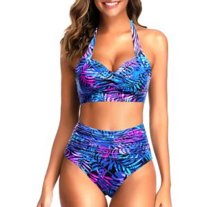 Tempt Me Women Two Piece Vintage Swimsuit Retro Halter Ruched High Waist Bikini with Bottom (Large, Blue Purple Leaves)