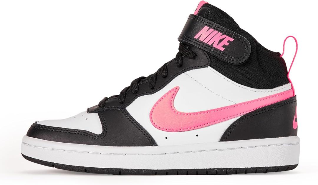 Nike Unisex Kids' Court Borough Mid 2 Shoes - Boys Girls Toddlers & Baby Sneakers (4 Big Kid, Black/Sunset Pulse/White)