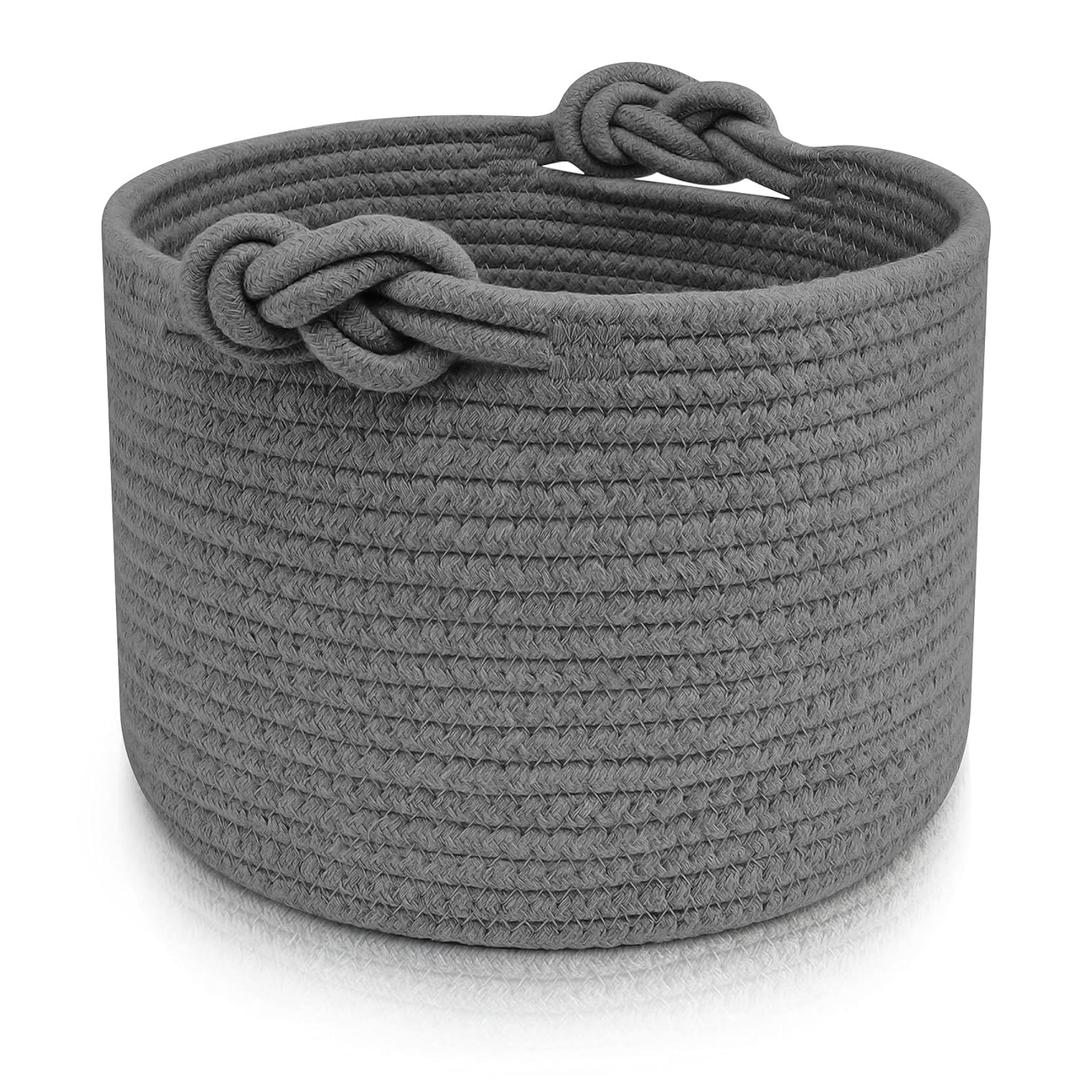 ABenkle Small Woven Basket, Cotton Rope Shelf Storage Basket, Small Round Basket, Cute Basket, Decorative Round Bin for Nursery Bedroom Bathroom, 9.4" x 9.4"x 7.1" Empty Gift Basket- Grey