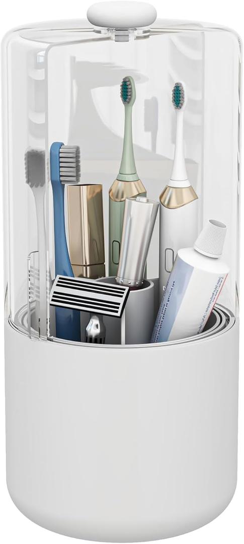 Toothbrush Holder with Cover 360 Rotating 4 Compartments Bathroom Toothpaste Electric Toothbrush Organizer, White