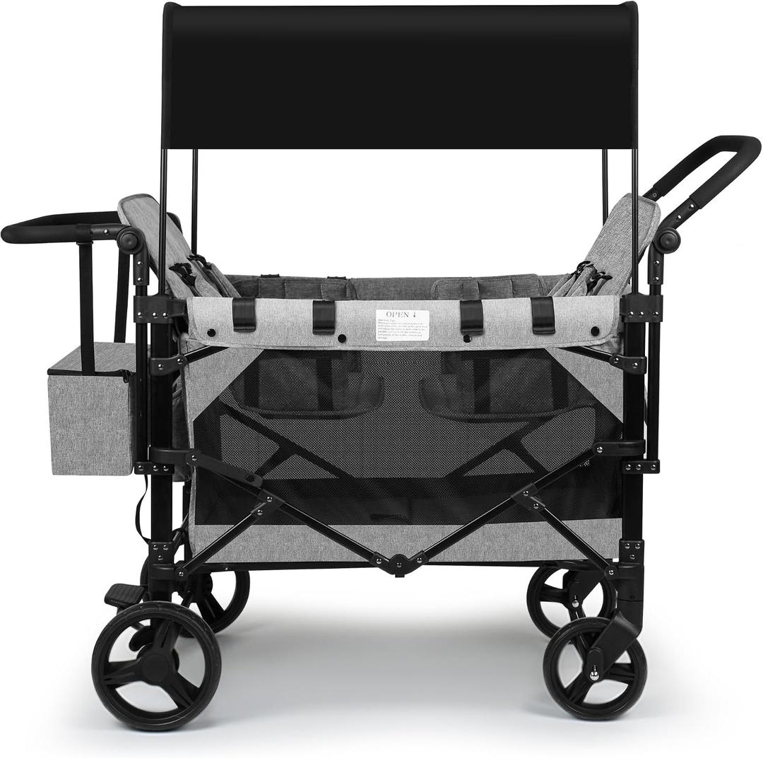 VOOI Stroller Wagon 4 Seater, Wagon for Kids, Collapsible W4 Stroller with Seats with 5-Point Harnesses, Easy Access Zipper Door, and Removable Sun Canopy (Grey, W4-Large)