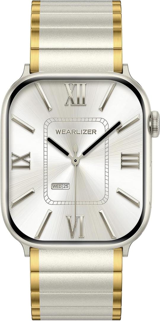 Wearlizer Two Tone Metal Band Compatible with Apple Watch Bands 40/38/41/42/44/45/46/49mm Women Men, Dressy Rectangular Chain Design Durable Stainless Steel Bracelet for iWatch Series 11-1/SE/Ultra (Starlight/Gold)