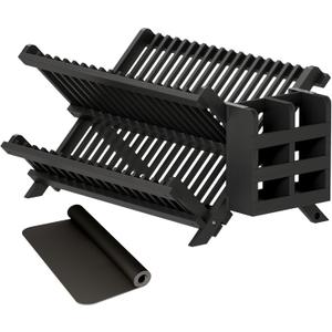 Greenual Black Bamboo Dish Drying Rack with Utensil Holder, 2 Tier Collapsible Dish Rack, Wooden Dish Racks for Kitchen Counter, Folding Drying Holder with Absorbent Dish Drying Mat