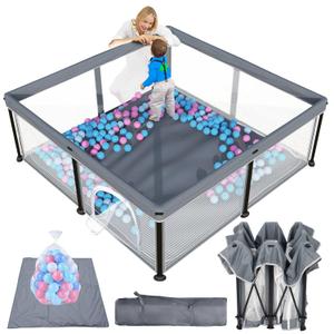 TOREVSIOR Foldable Baby Playpen with Mat, 50"50" Collapsible Play Pen for Babies and Toddlers, Indoor & Outdoor Kids Safety Play Pen, Portable Play Yard, Foldable Baby Playpen with 50 Ocean Balls (Grey)