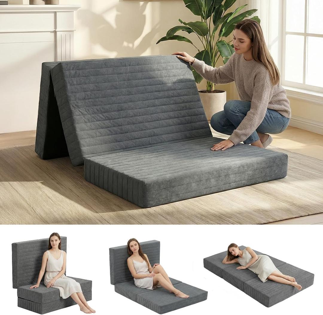 Erament 6 Inch Tufted Folding Mattress Twin Foam Bed, Tri-Fold Mattress,Foldable Floor Couch Guest Bed Topper Portable Camping Sleeper with Corded Fabric