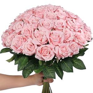 YXZZWL 60 Pcs Artificial Roses in Bulk, Fake Silk Roses Realistic Roses Stem Faux Roses Bouquet for Wedding Centerpieces Flower Arrangement Home Decor (Pink)