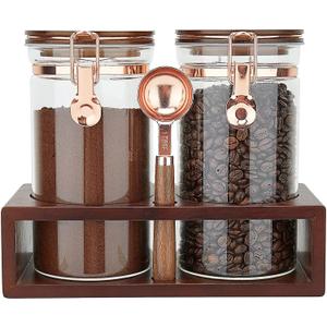 SIQOLNY Glass Coffee Container with Wooden Shelf, 2 x 40 FLOZ Coffee Bean Storage with Sealed Closure Clips and Copper Spoon, Kitchen Large Capacity Food Storage Jar, Ground Coffee Container