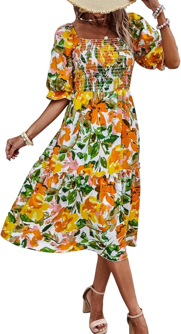 PRETTYGARDEN Women's Summer Casual Dresses 2026 Spring Puff Sleeve Square Neck A Line Flowy Boho Floral Smocked Midi Dress (L)