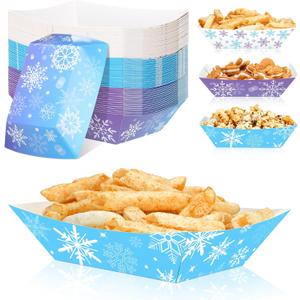 Ctosree 60 Pcs Winter Snowflake Paper Food Trays Blue and Purple Snowflake Winter Wonderland Disposable Paper Snack Bowl for Holiday Birthday Party Supplies Decorations