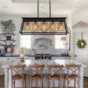 Rattan Boho Black Chandelier Dining Room Kitchen Island Light Fixture,Wicker Chandeliers Over Table 5-Light Rustic Rectangular Farmhouse Kitchen Pendant Lighting Fixtures