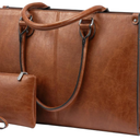 LOVEVOOK Laptop Tote Bag for Women, 15.6 Inch Large Capacity Vintage Leather Work Computer Bag, Business Casual Shoulder Handbag, Dark Brown