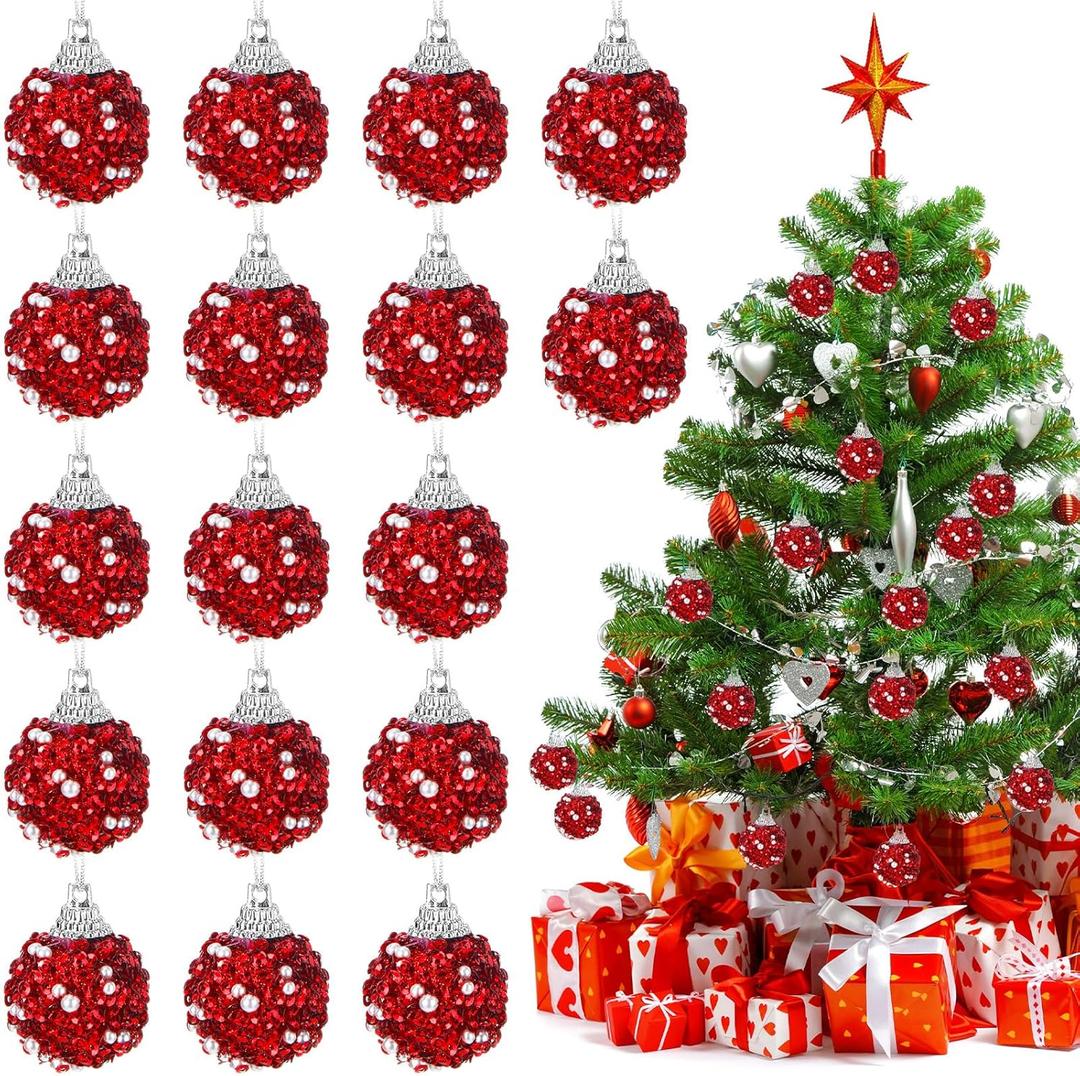 Liliful 48 Pcs 1.18 Inch Mini Christmas Ball Ornaments Christmas Tree Ornament Glitter Sequin Foam Ball Ornaments Xmas Hanging Decoration for New Year Holiday Wedding(Red)