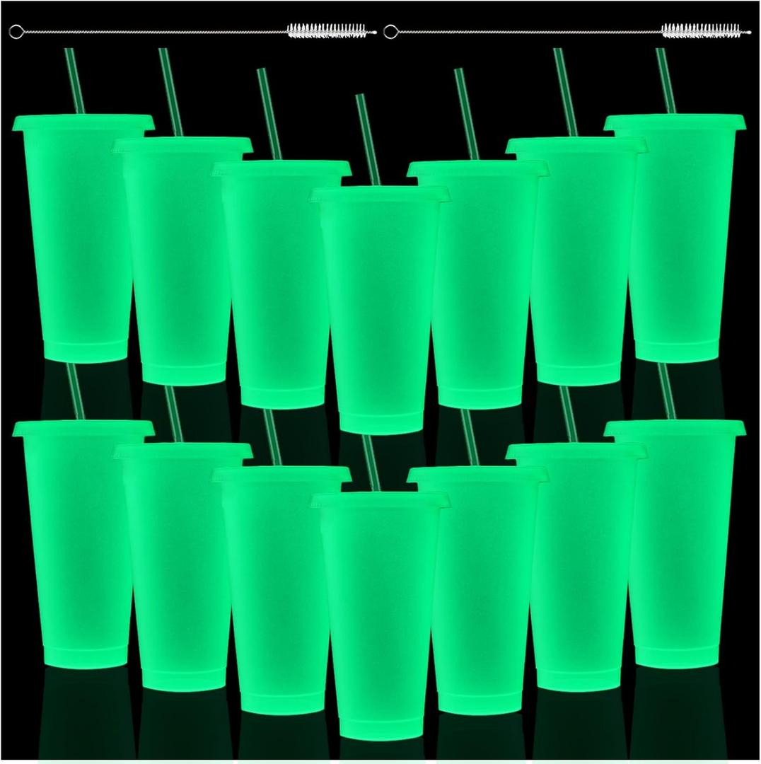 Honeydak 15 Pack Glow in the Dark Cup Halloween Tumbler with Straw and Lid Glowing Cup Water Bottle Iced Coffee Travel Mug Reusable Plastic for Party Birthday (24 oz,Fluorescent Green) (transparent white)