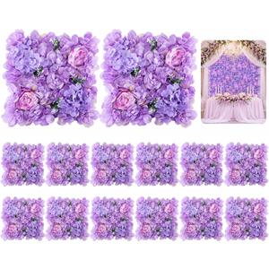 16 Pcs Purple Artificial Flower Wall Panels, Realistic Silk Floral Backdrop with Tiered Petals, 13.8 x 13.8 in for Wedding Decor, Romantic Event Decor, Photo Booth Backgrounds