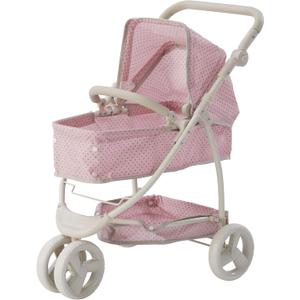 Olivia's Little World 2-in-1 Convertible Baby Doll Stroller with Retractable Canopy, All-Terrain Wheels, and Adjustable Handle, Cream and Pink with Gray Polka Dots