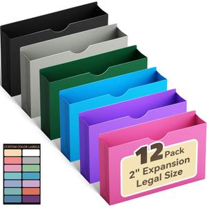 ANSOOK Reinforced Plastic File Jackets,Heavy Duty 2" Expansion Accordion Pocket File Folders,Legal Size Filing Cabinet Folder,12 Pack Poly Manila Folders,Straight Cut Tab,Color Job Folder for Office