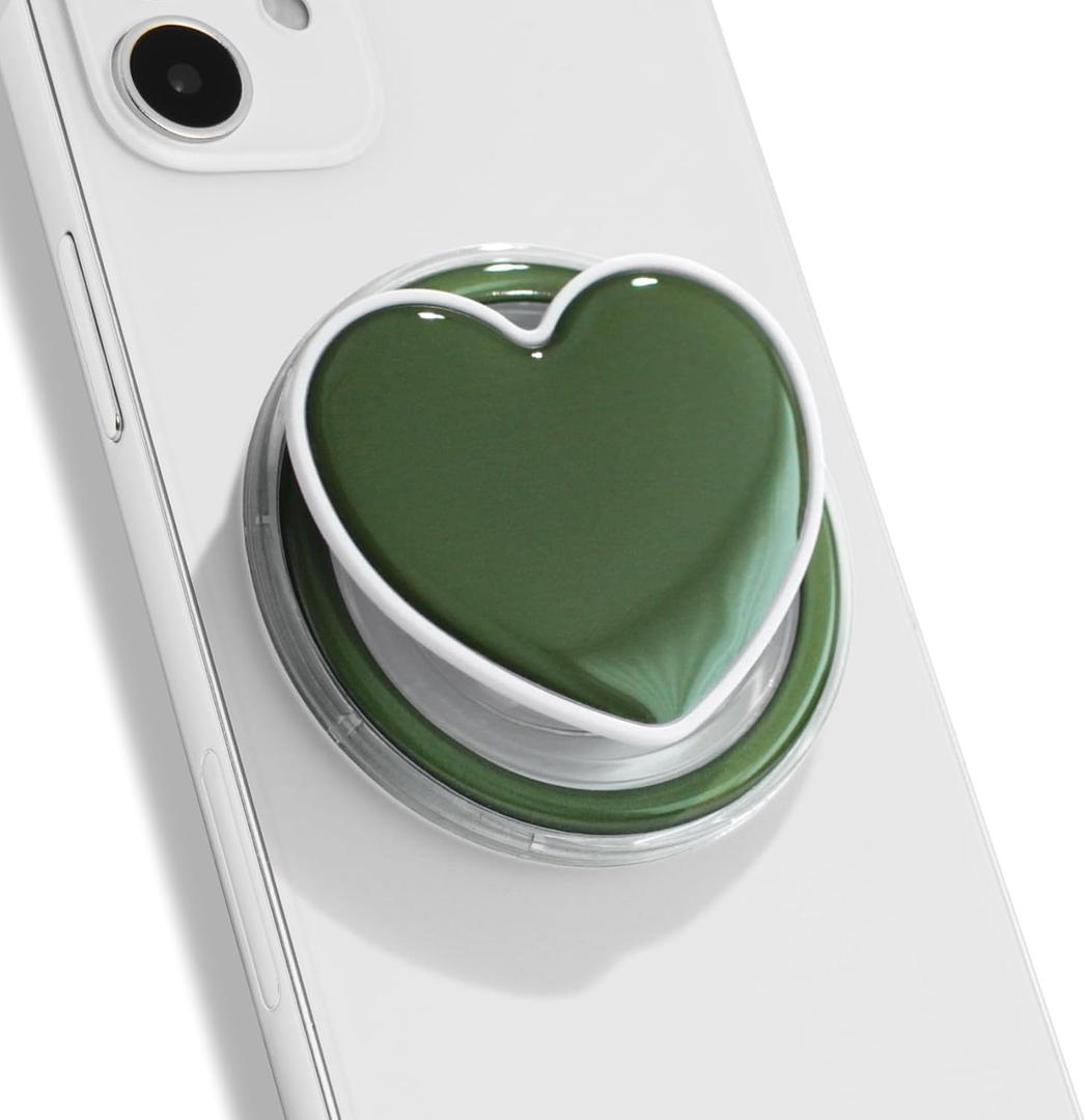 On The Grip Magnetic Cute Solid Macaron Color Heart Shape Collapsible Mobile Phone Grip Stand Holder for Smartphone Tablet Cell Phone Accessory (Magnetic Type, Jade Green)