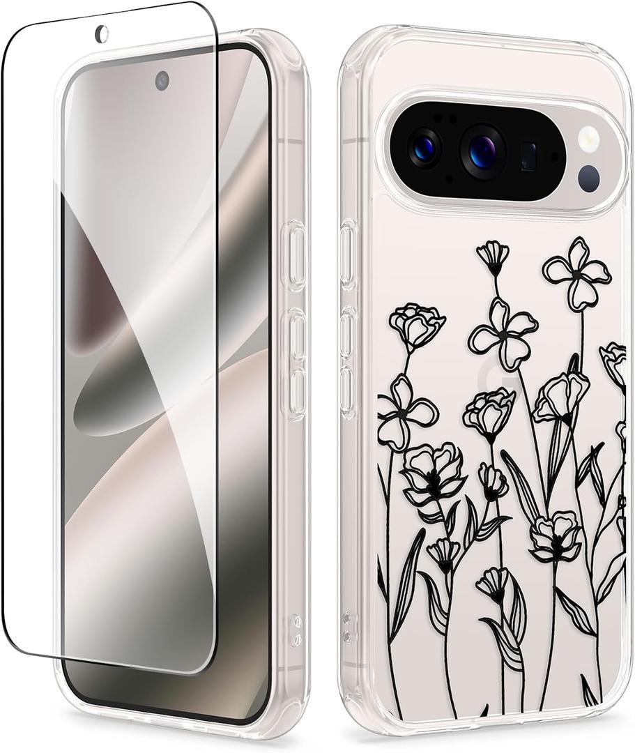 GVIEWIN for Google Pixel 10 Case/Pixel 10 Pro Case with Screen Protector, [Military Grade Drop Protection] Non Yellowing Clear Floral Slim Phone Cover for Women 2025 6.3" (Sketch/Black)